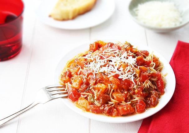 Heirloom Tomato, Basil, and Olive Oil, Wine Sauce over Pasta