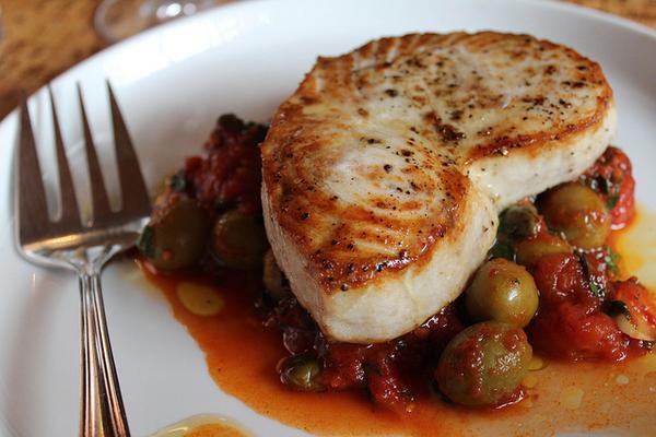 Roasted Swordfish with Manzanilla Olives, Cherry Tomatoes, and Capers